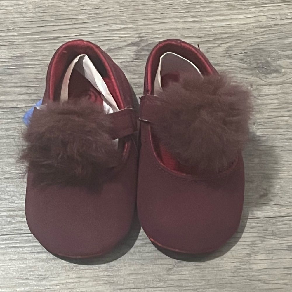 Valen Sina Baby Girl Red Velvet Mary Jane Flats Pom Pom Decor Soft Sole Size 2
